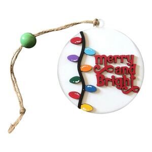 Whimsical  Red “Merry and Bright” Branch With Lights Ornament Hand Painted Wood